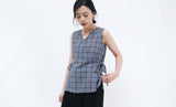 Navy checked v neck vest w/ waist strings