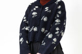 Navy floral wool cardigan in round collar
