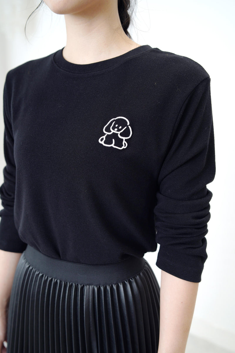 Black cotton top w/ puppy embroidery