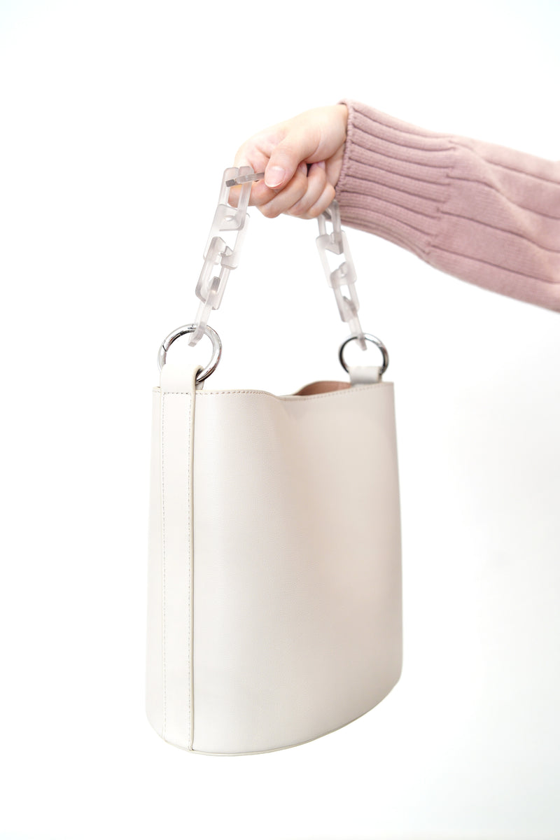 Grey leather bucket bag in 3 ways