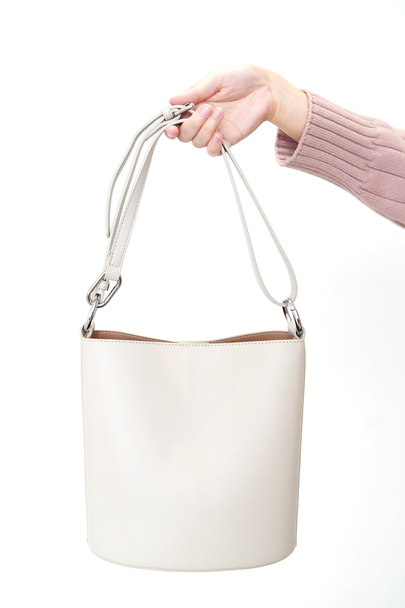 Grey leather bucket bag in 3 ways