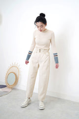 Ivory mom jeans in elastic ruffle waistband
