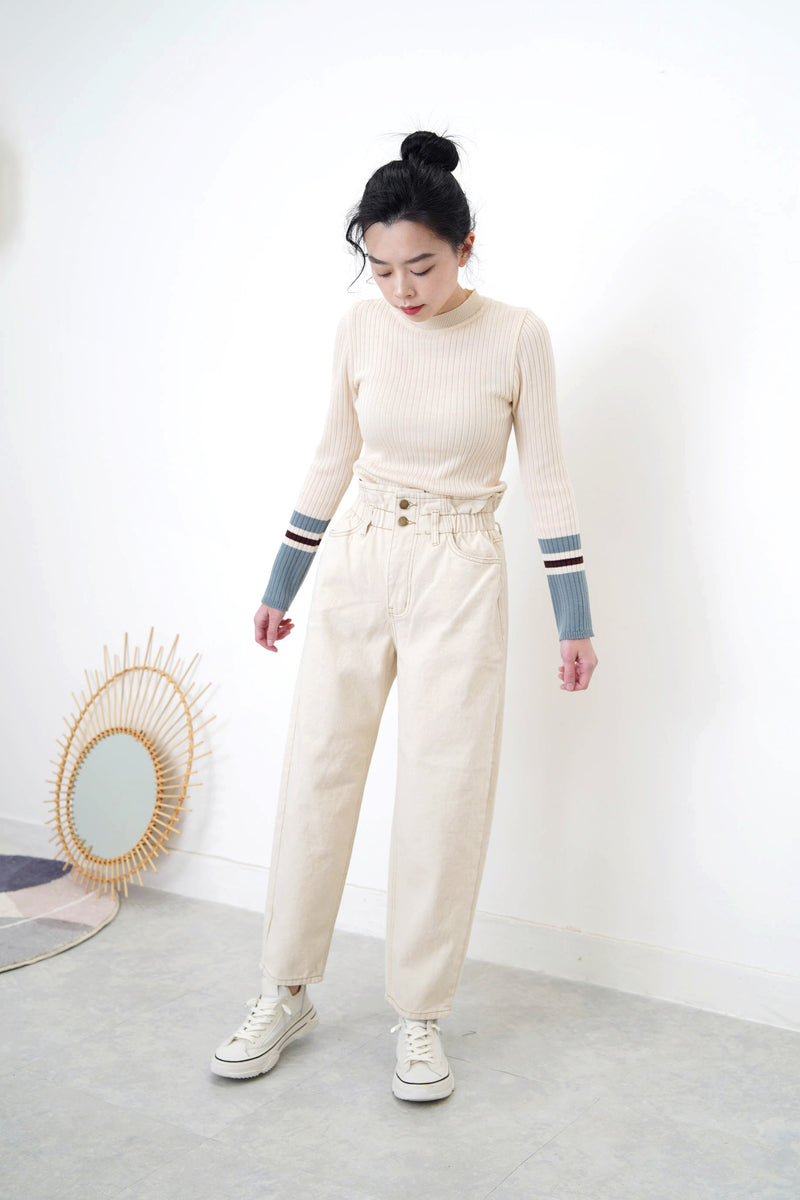 Ivory mom jeans in elastic ruffle waistband