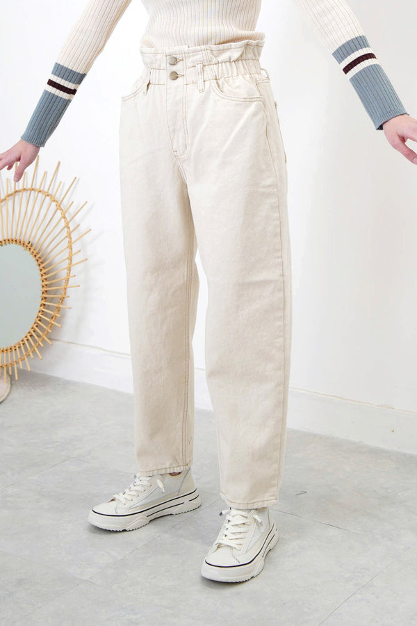 Ivory mom jeans in elastic ruffle waistband