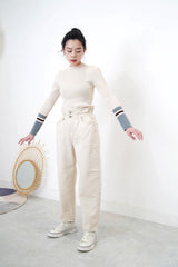 Ivory mom jeans in elastic ruffle waistband