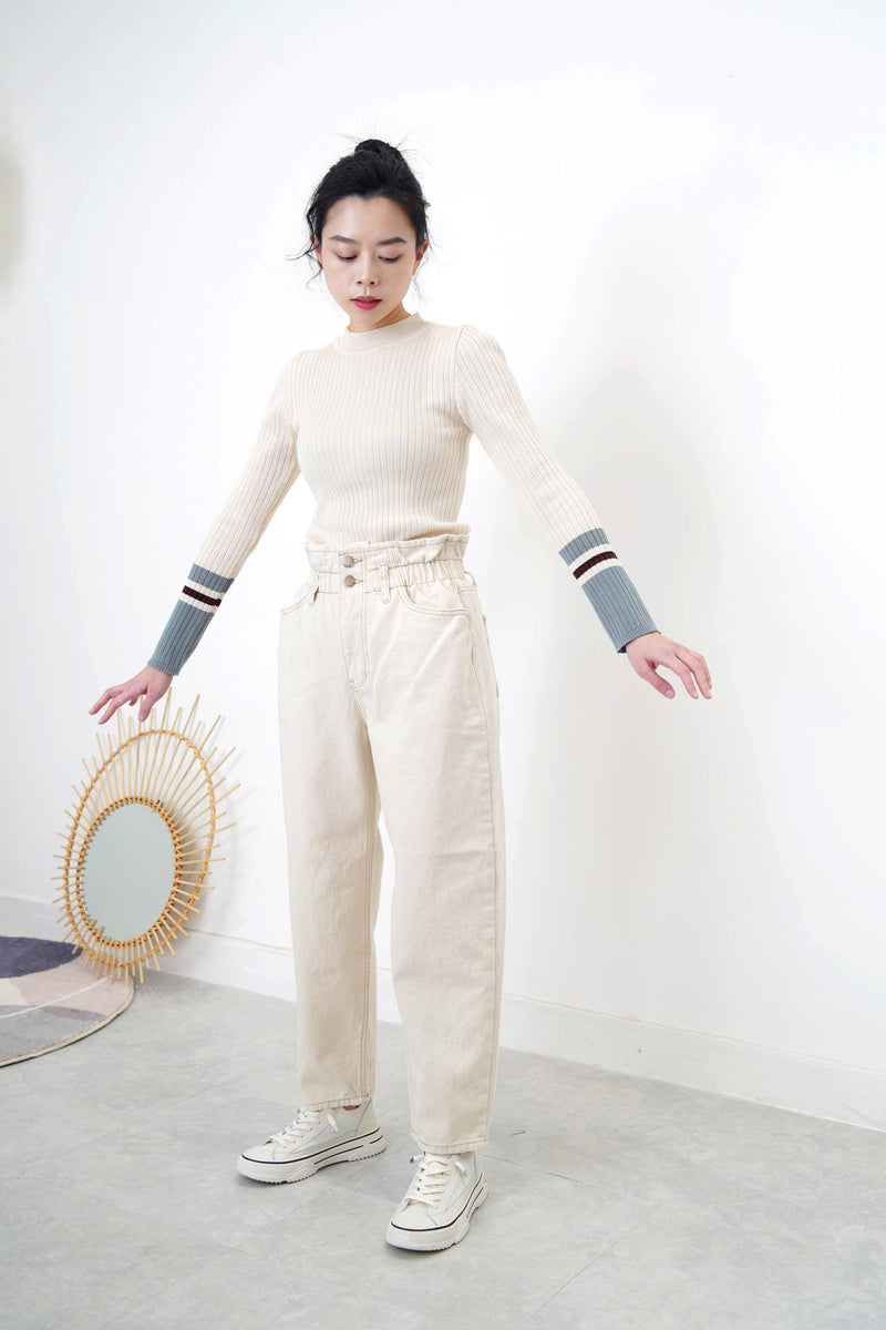 Ivory mom jeans in elastic ruffle waistband