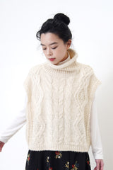 Ivory twist pattern knit vest in stand collar
