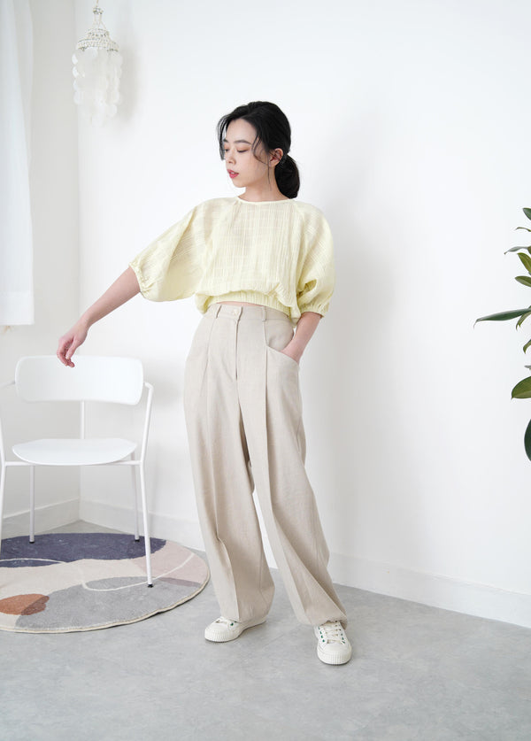 Lime check texture top in elastic waist hem