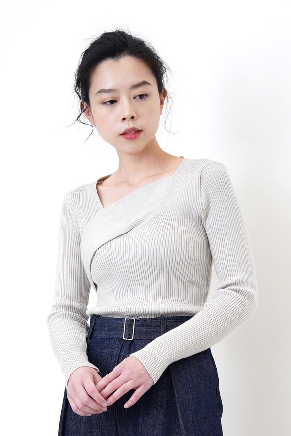 Grey knit top in overlay wrap style