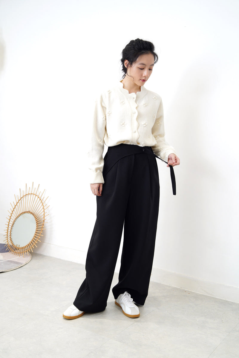 Black straight cut trousers in detail waist