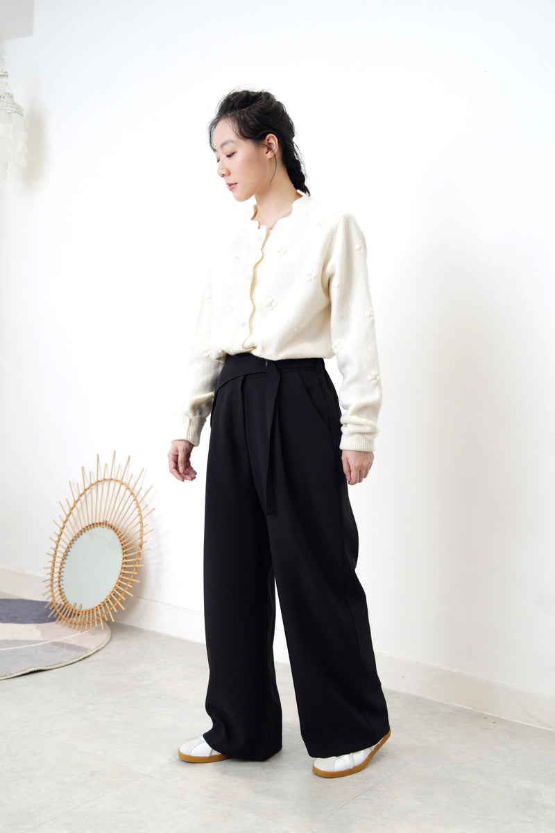 Black straight cut trousers in detail waist