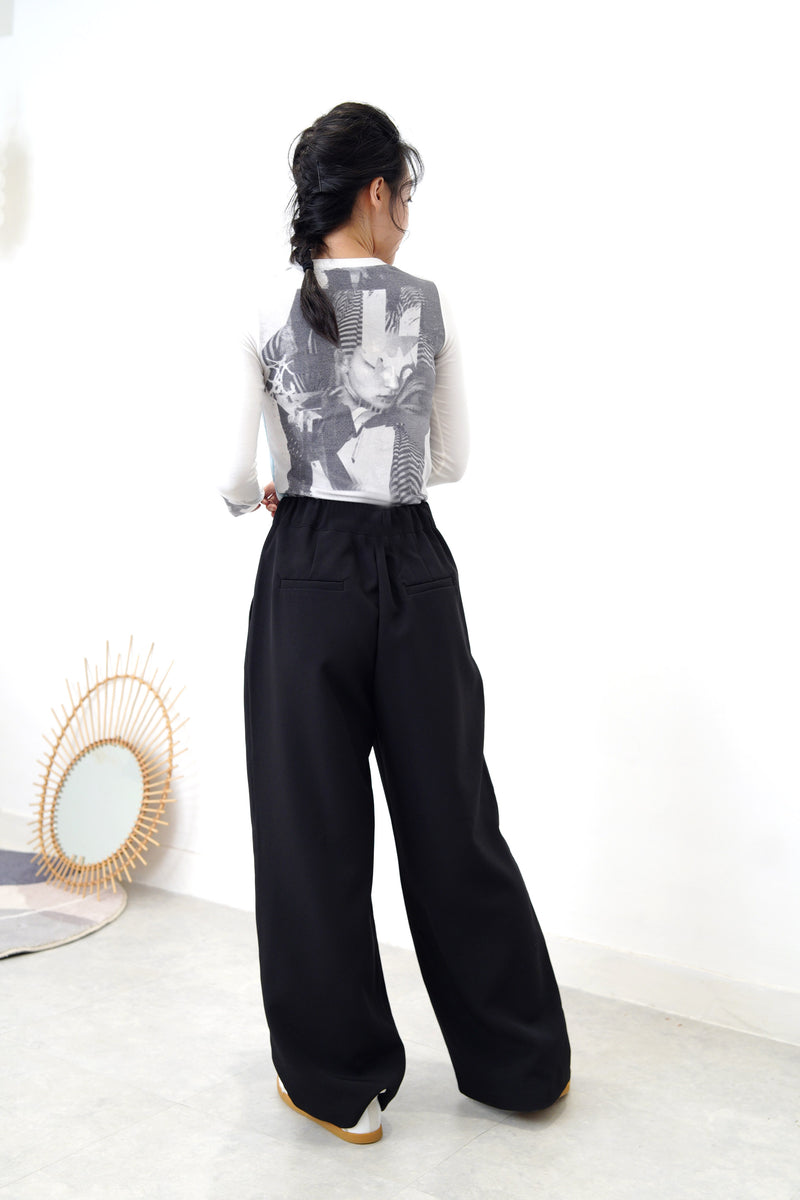 Black straight cut trousers in detail waist