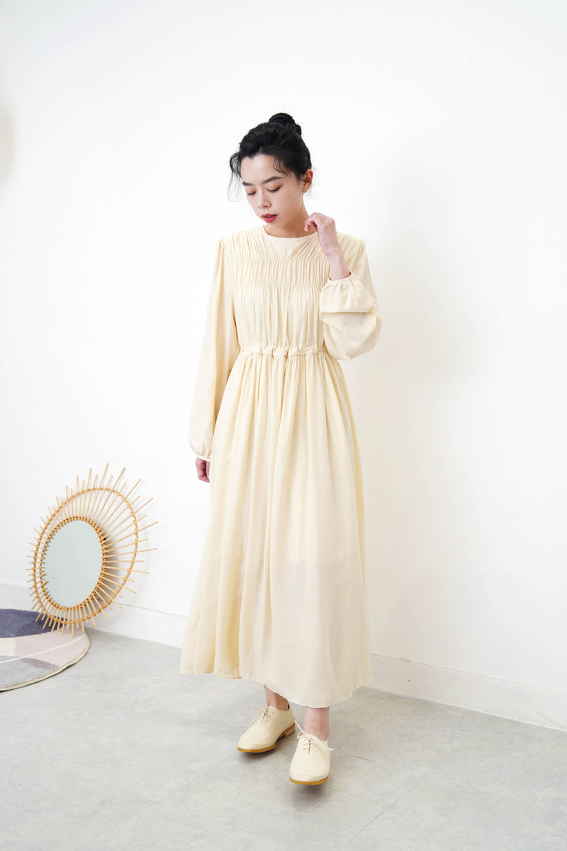 Cream tie waist dress in gather details