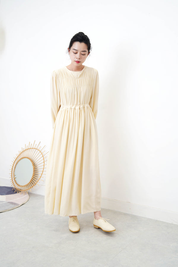 Cream tie waist dress in gather details