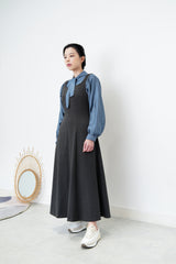 Grey blue satin shirt w/ neck straps