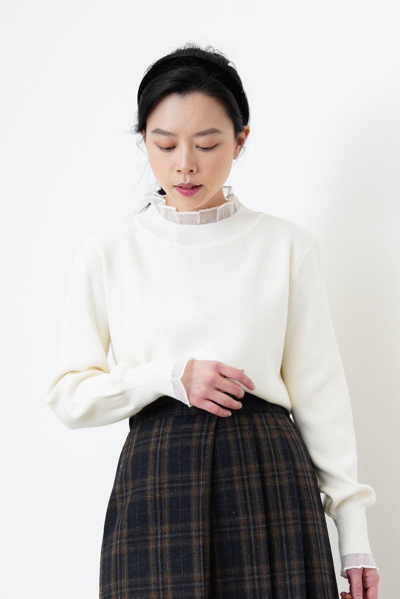 White soft knit top w/ organza ruffle fringe