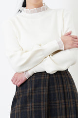White soft knit top w/ organza ruffle fringe