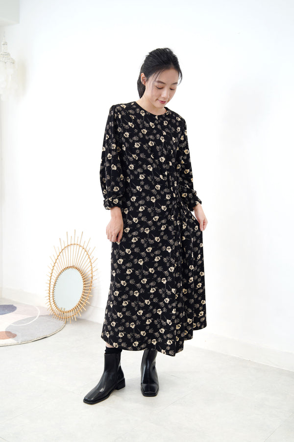 Black floral dress w/ string waist details
