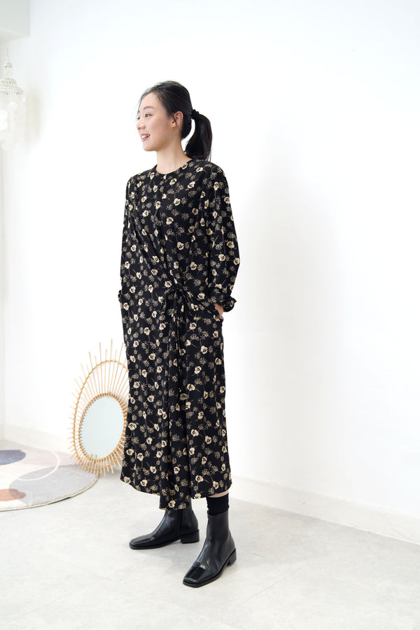 Black floral dress w/ string waist details