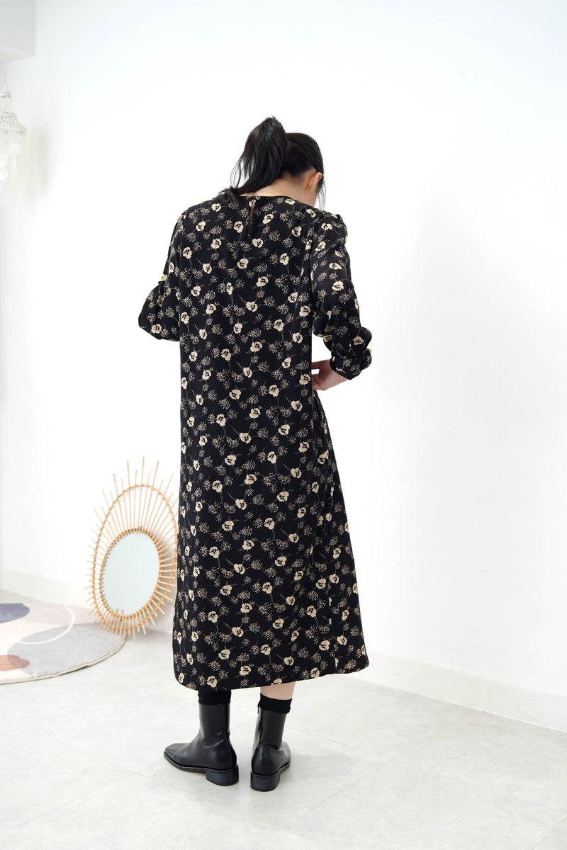 Black floral dress w/ string waist details