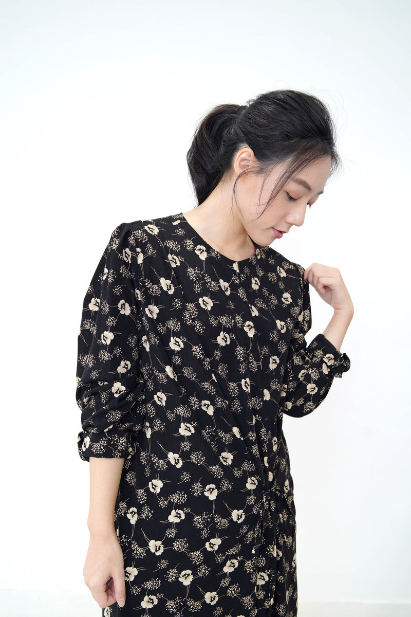 Black floral dress w/ string waist details