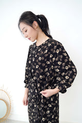 Black floral dress w/ string waist details