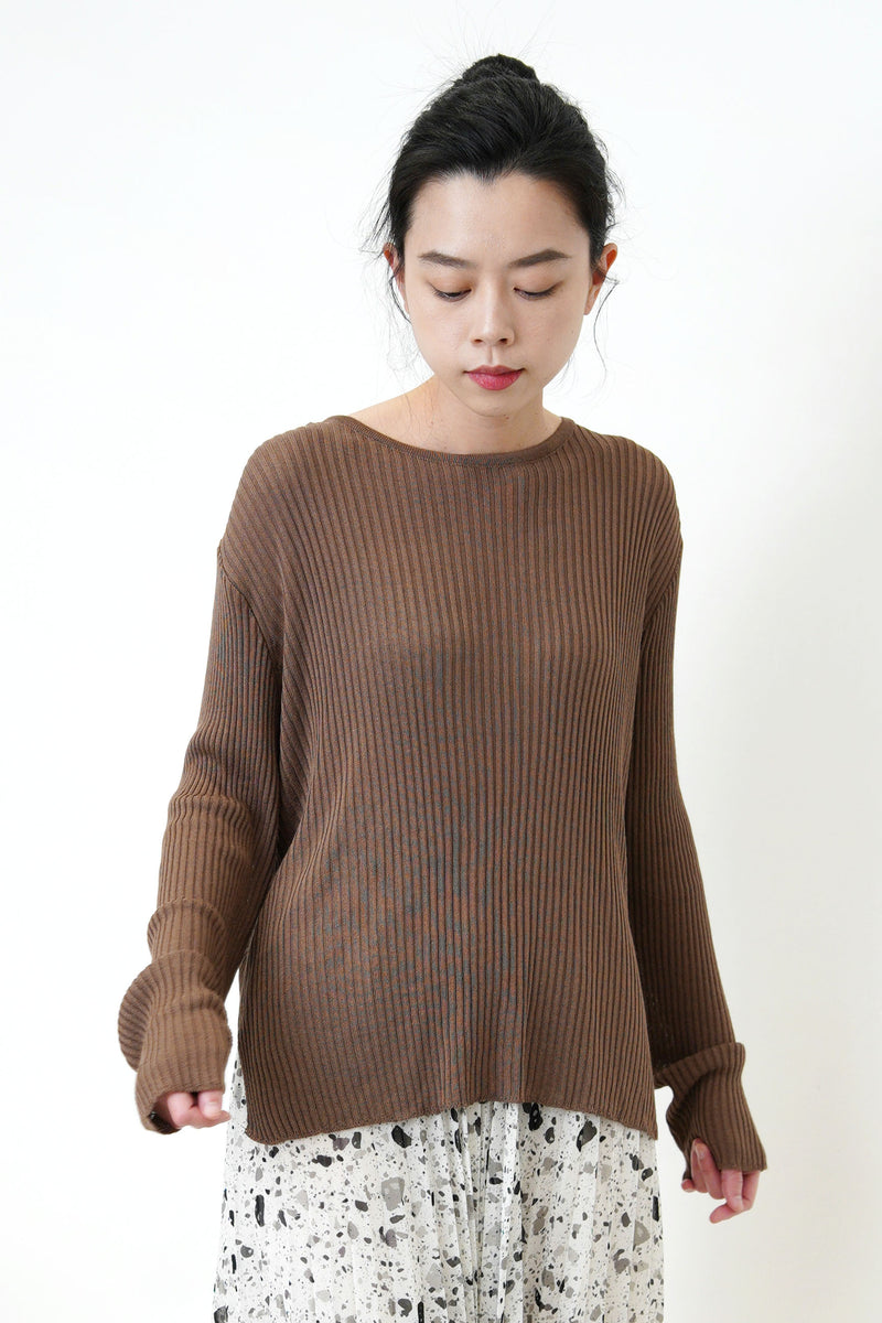 Brown stripes soft knit top in split hem