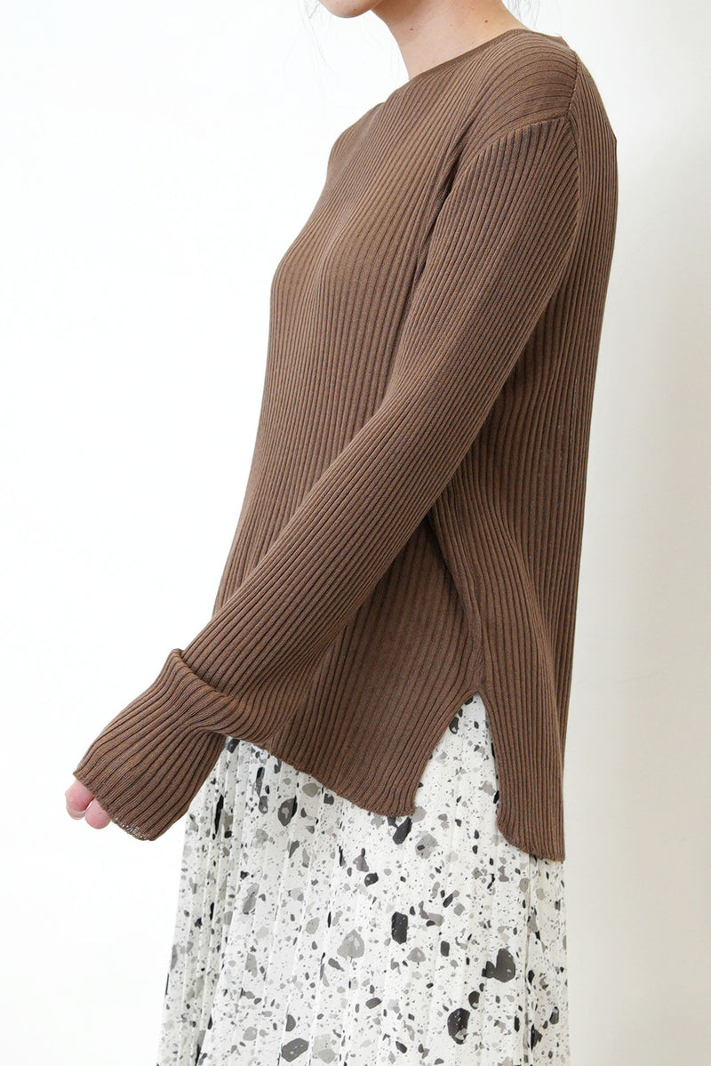 Brown stripes soft knit top in split hem