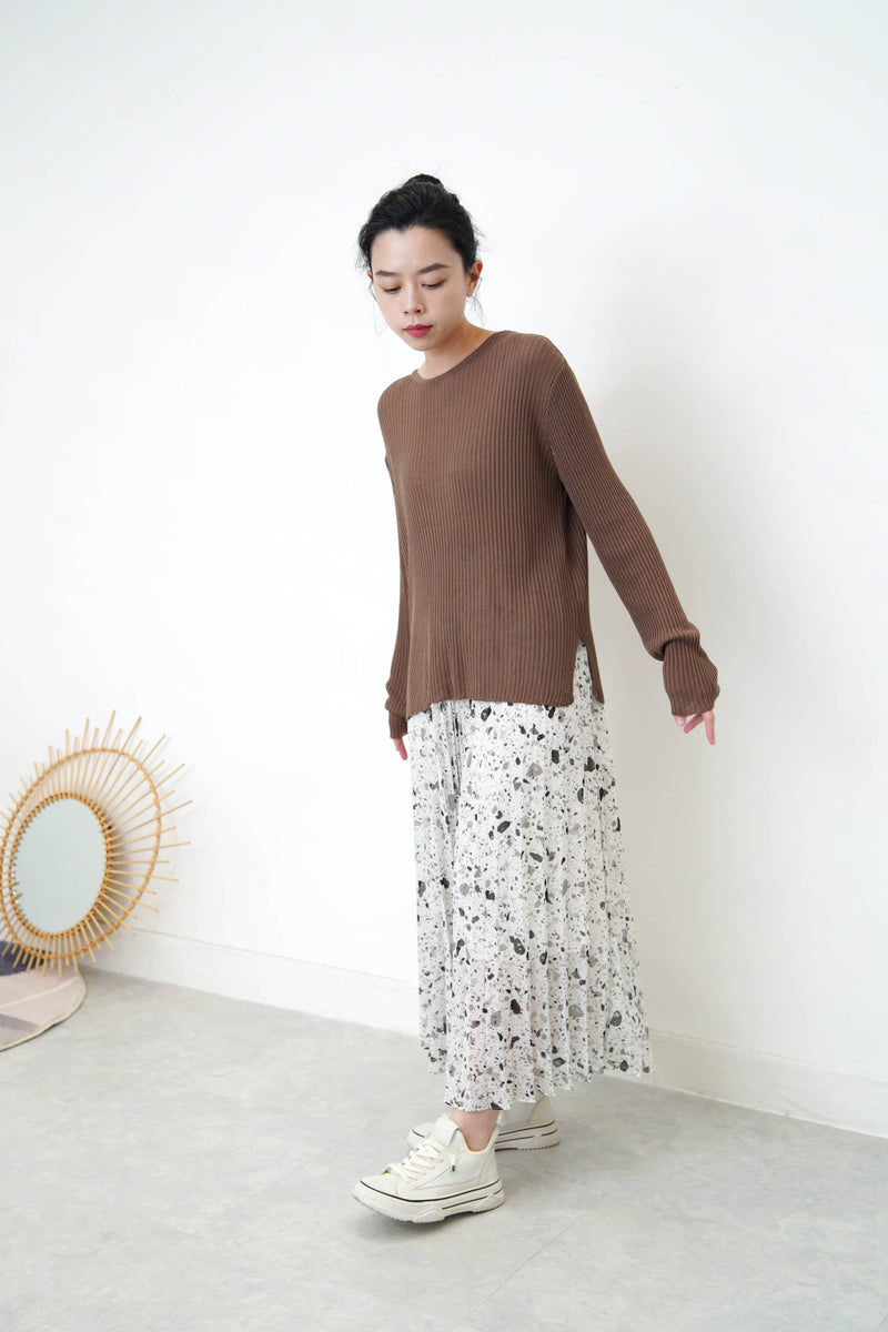 Brown stripes soft knit top in split hem