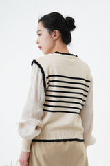 Beige stripes top in balloon sleeves