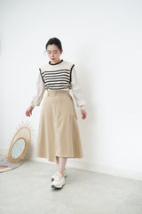 Beige stripes top in balloon sleeves