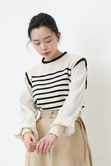 Beige stripes top in balloon sleeves