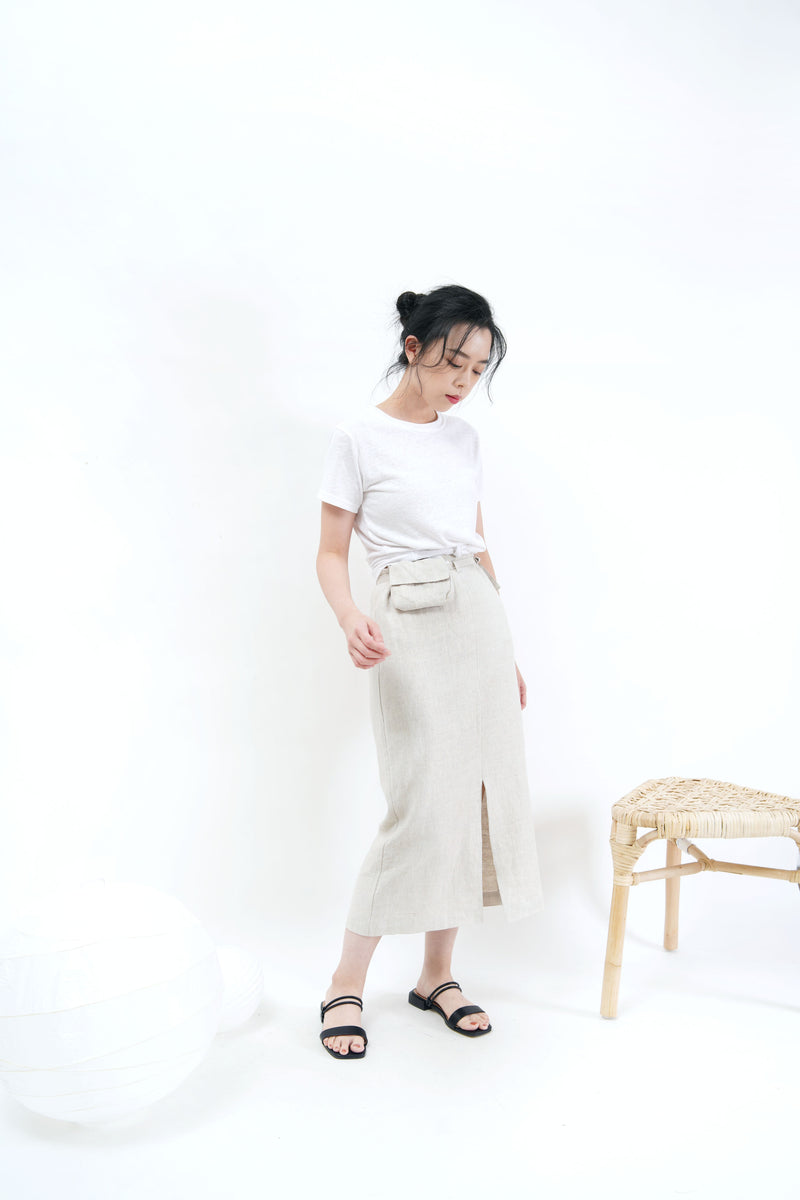 Oatmeal linen skirt w/ waist pocket