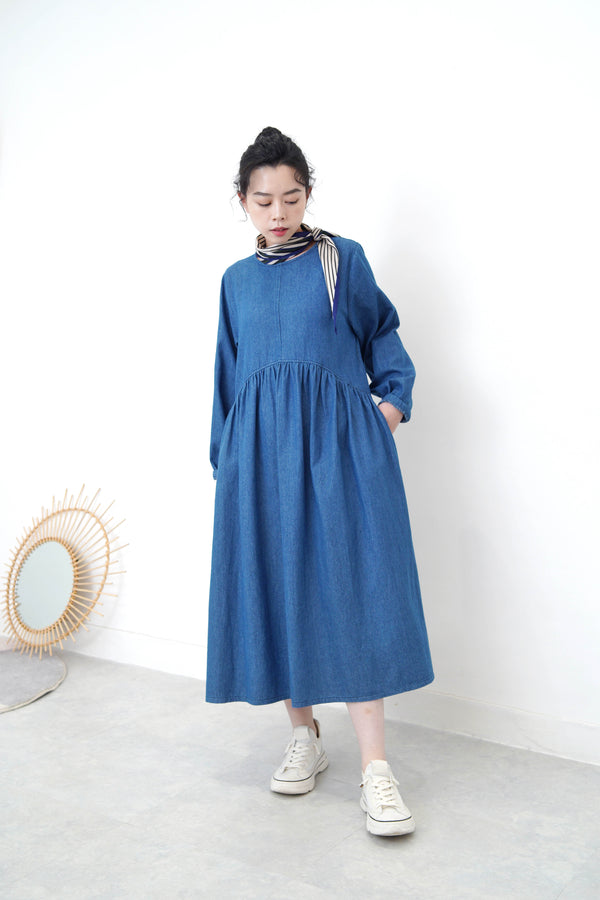 Blue frill soft denim dress