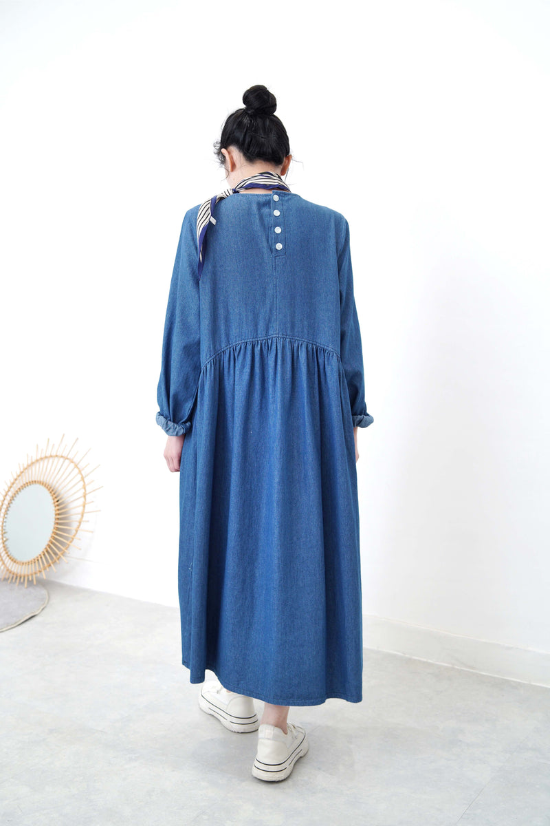 Blue frill soft denim dress