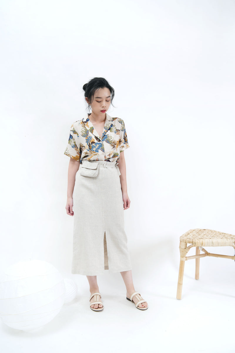 Oatmeal linen skirt w/ waist pocket