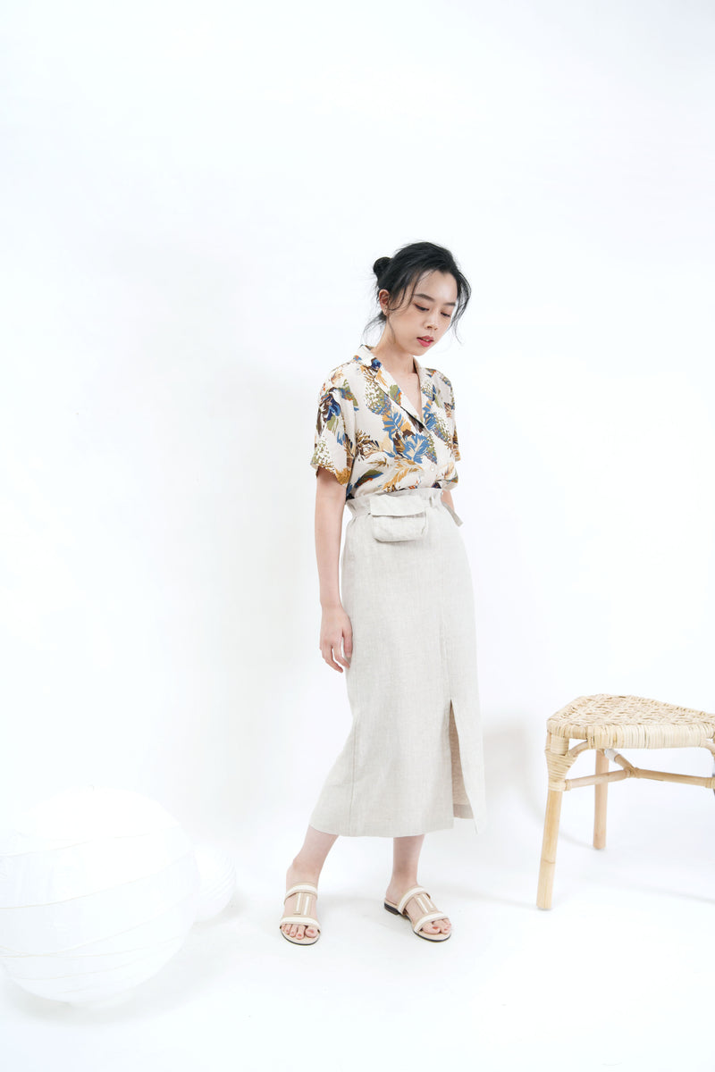 Oatmeal linen skirt w/ waist pocket