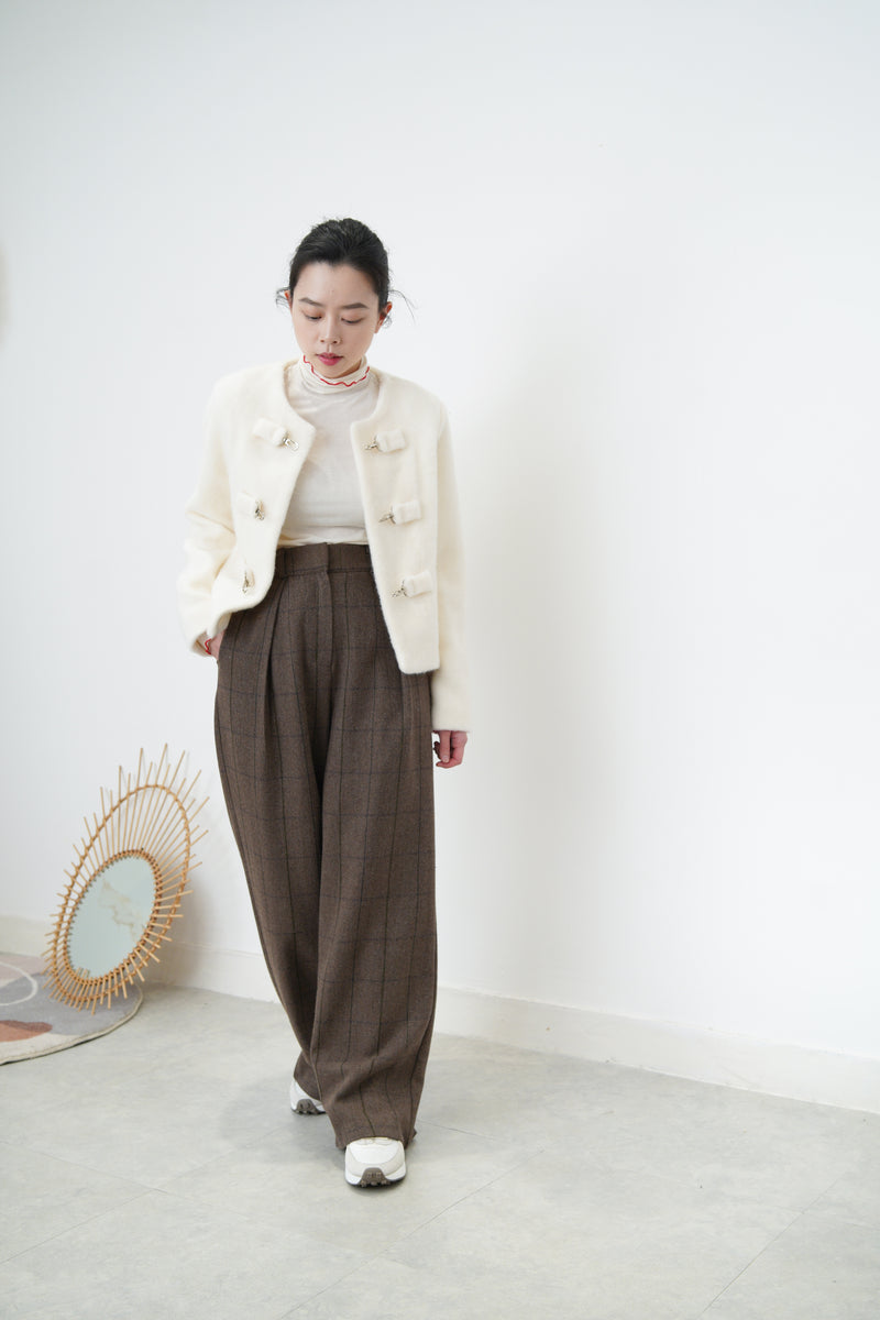 Brown checked high waist trousers