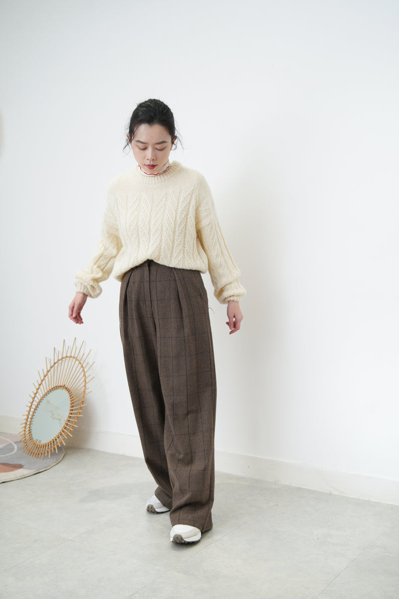 Brown checked high waist trousers