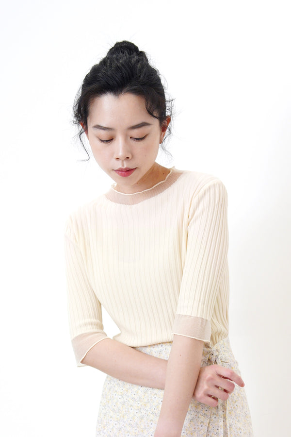 Beige stripe knit top in sheer cuf