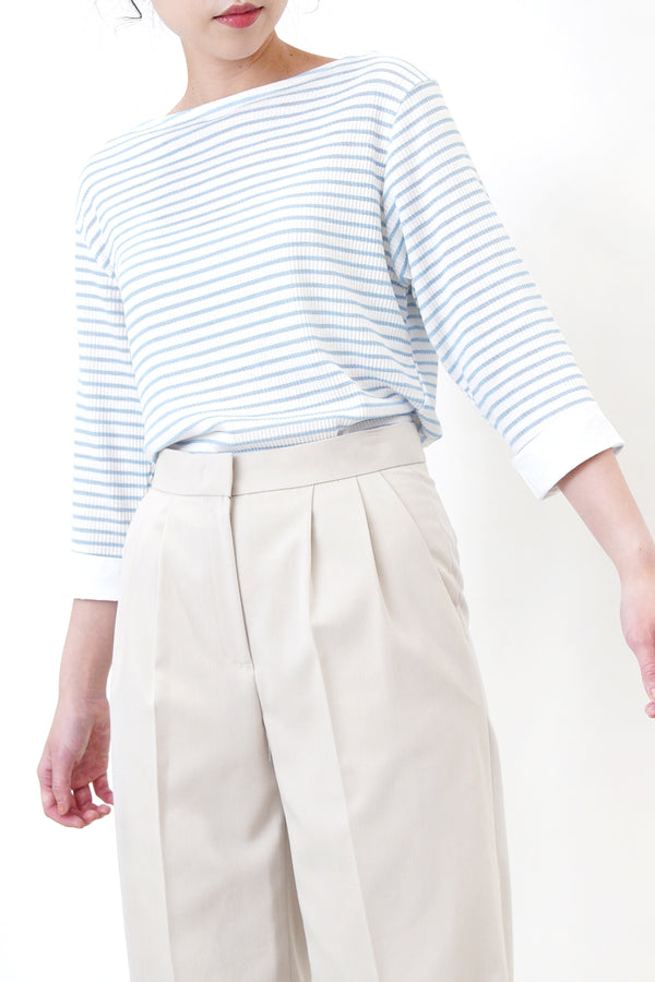 Blue stripes boat neck top in shirt cuff
