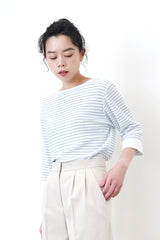 Blue stripes boat neck top in shirt cuff