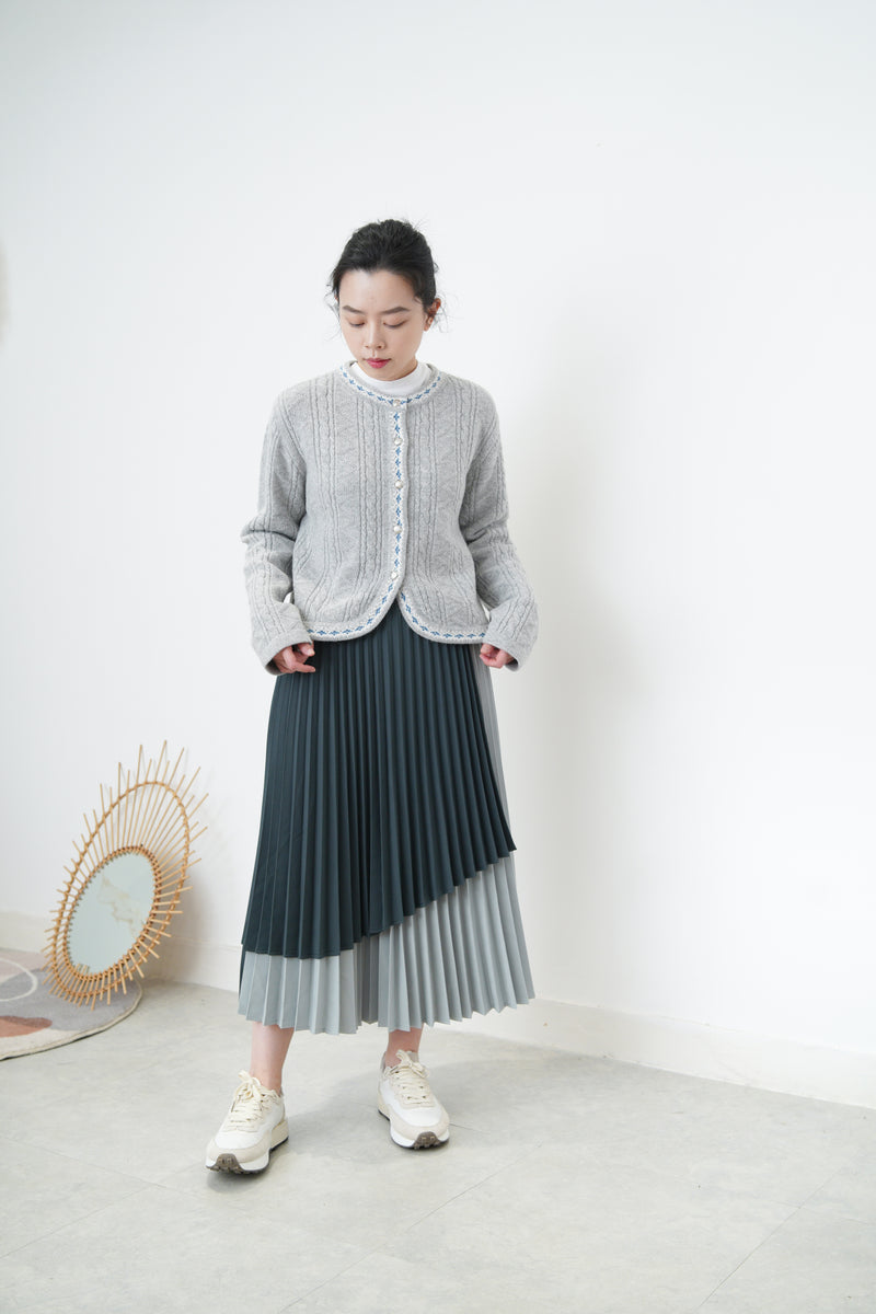 Green layering pleats skirt