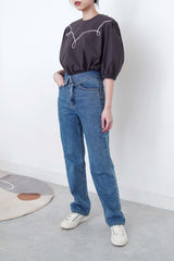 Blue straight cut denim with detail waist layering