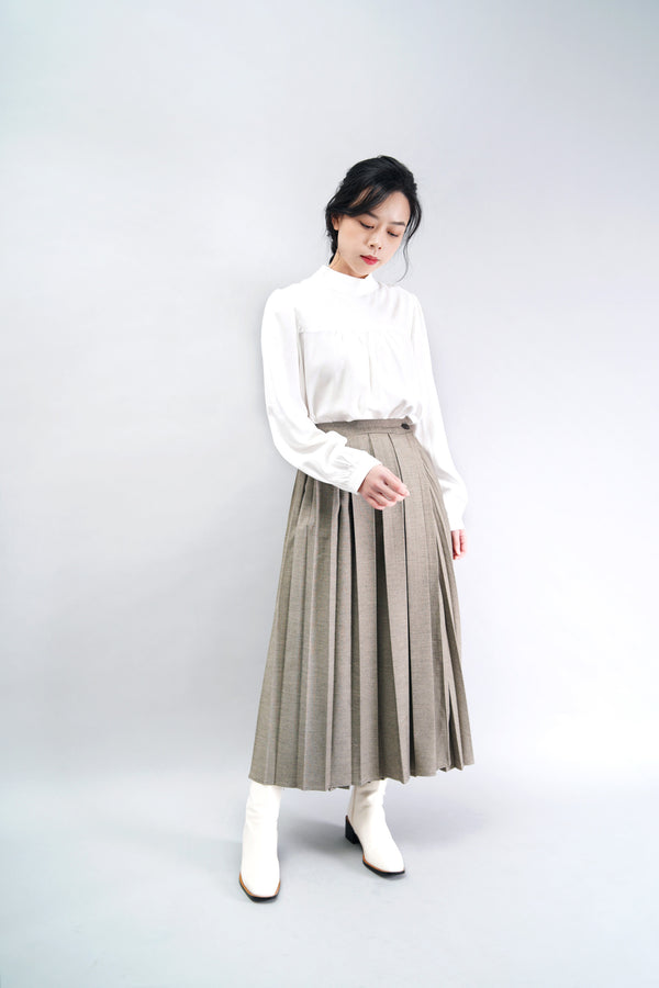 Beige grey pleats skirts in wrap style