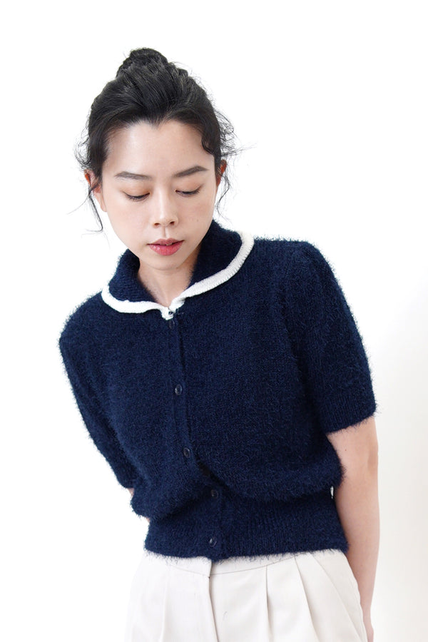 Navy fluffy top w/ contrast collar