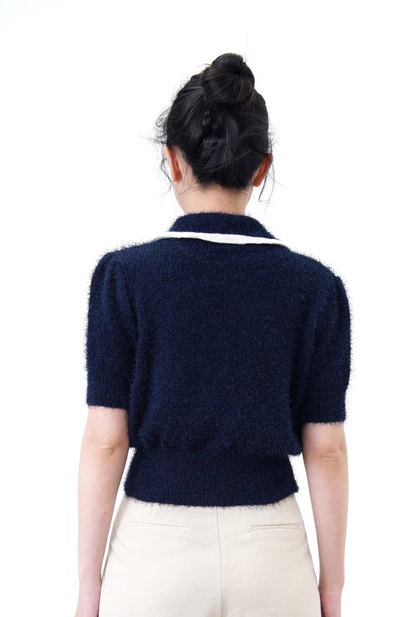 Navy fluffy top w/ contrast collar