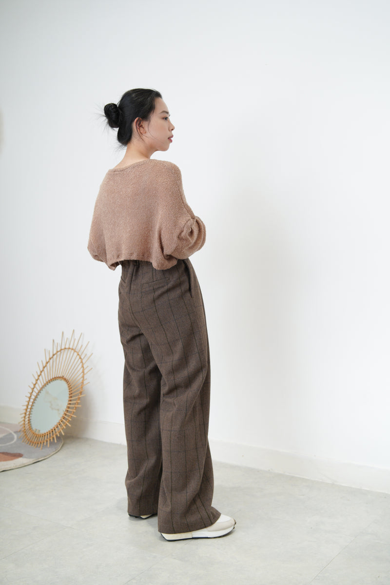 Brown checked high waist trousers