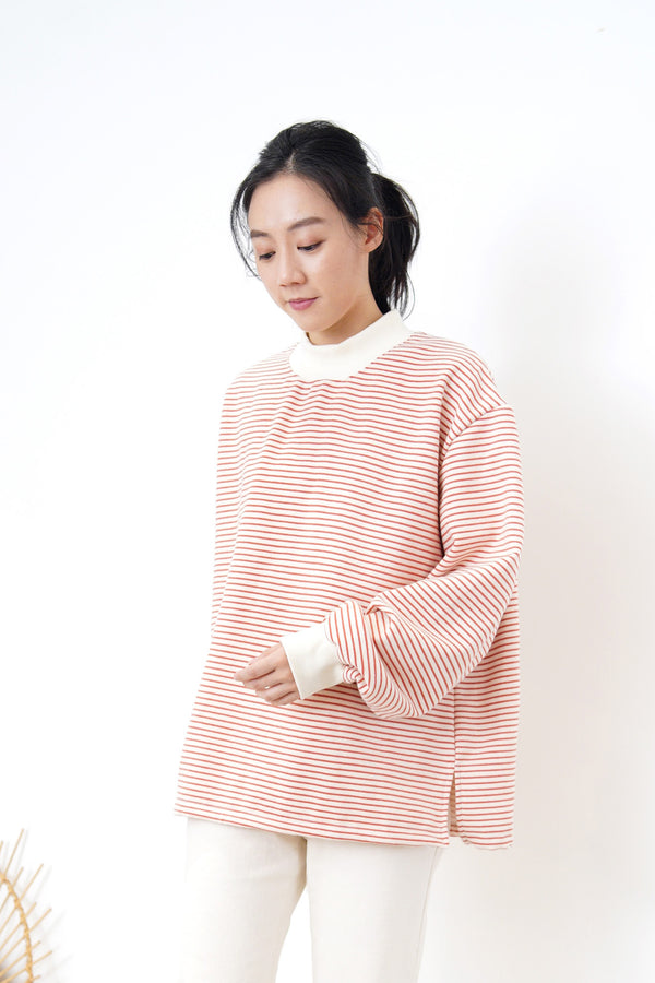 Red stripes pullover in funnel neck