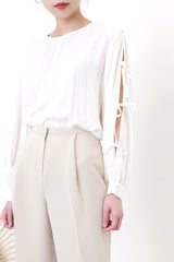 White Shirt in ribbon detail sleeves